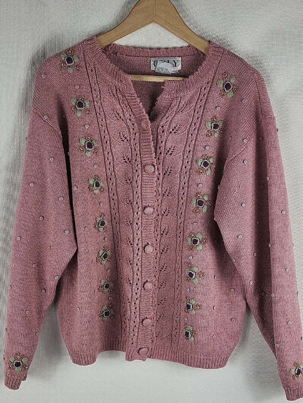 Vintage Pink Knit Embroidered Cardigan Sweater Size Large